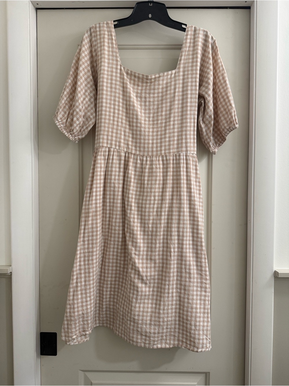Beige Gingham Midi Dress with Tie Sleeve Detail
